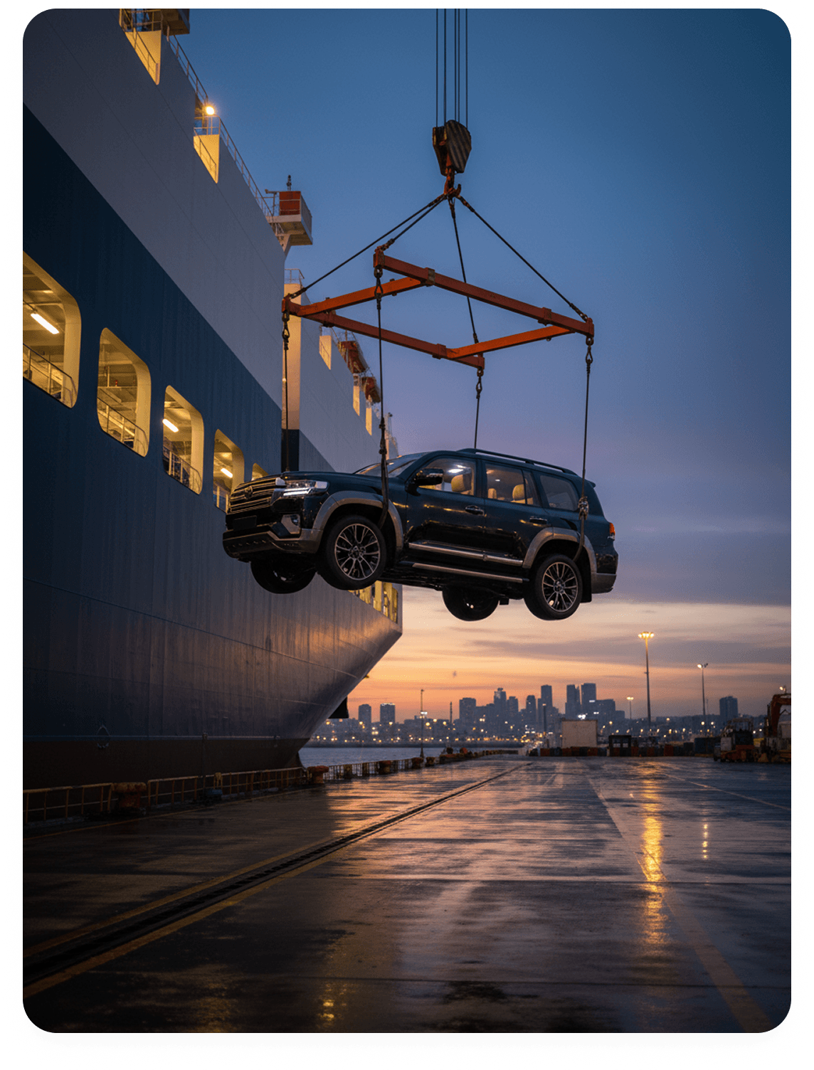 Vehicle being loaded onto an export vessel by crane at the port